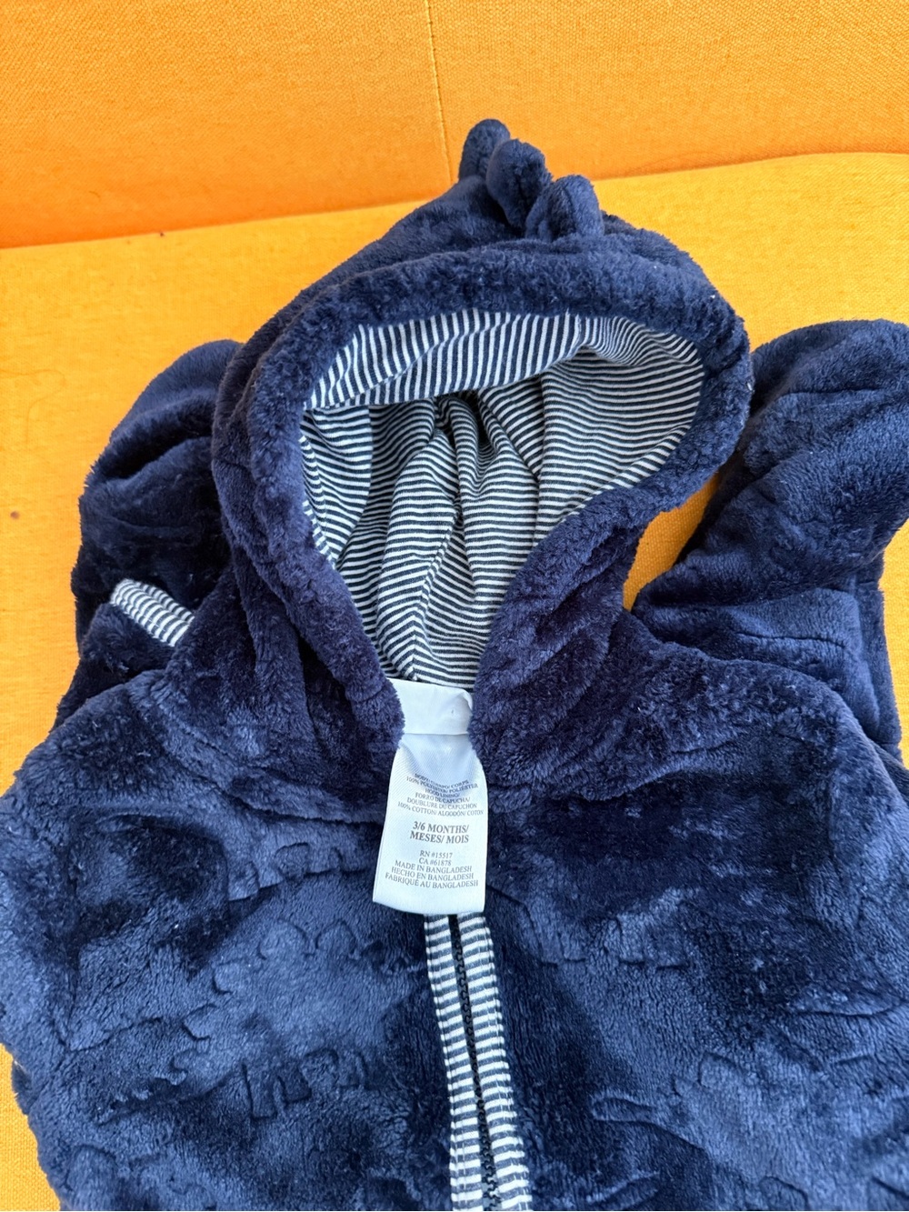 Navy Plush Baby Hooded Jacket with Striped Lining
